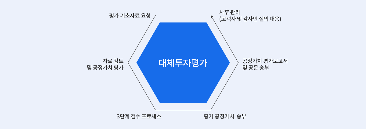 대체투자평가 평가프로세스 :  1. 평가 기초자료 요청, 2. 자료 검토 및 공정가치 평가, 3. 3단계 검수 프로세스, 4. 평가 공정가치 송부, 5. 공정가치 평가보고서 및 공문 송부, 6. 사후 관리 (고객사 및 감사인 질의 대응)